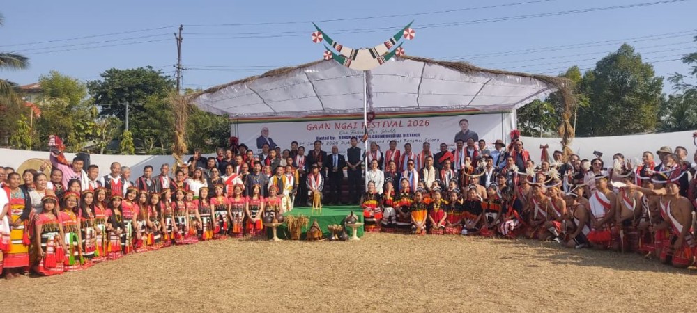 Participants along with the chief host Dr Johnny Kadunsin Ruangmei during the Gaan-Ngai festival held at F-Khel Rongmei Colony in Diphupar, Chumoukedima on January 3.